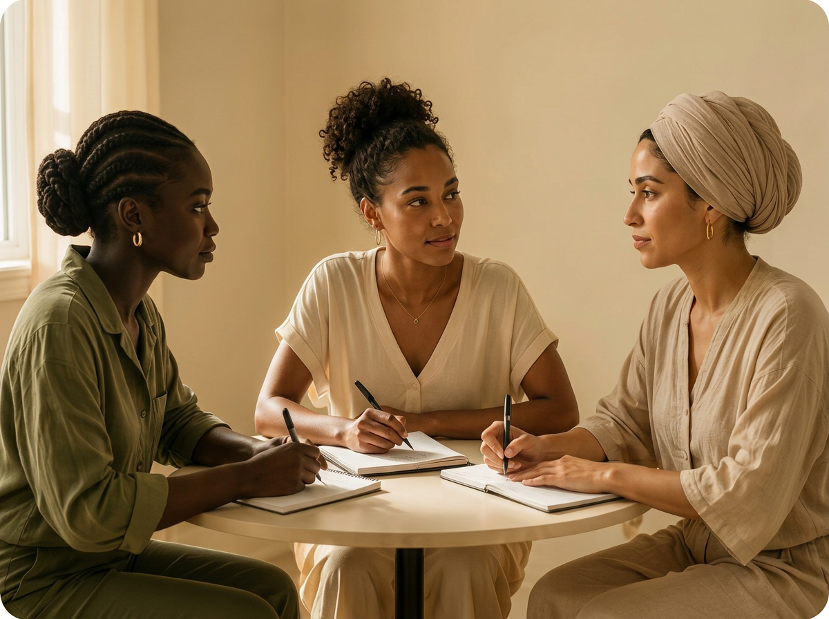 Three young African women in conversation around a table