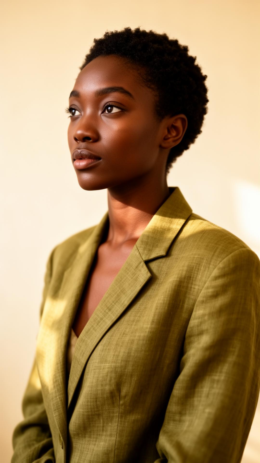 A young African woman in an olive linen blazer, looking thoughtfully off-camera