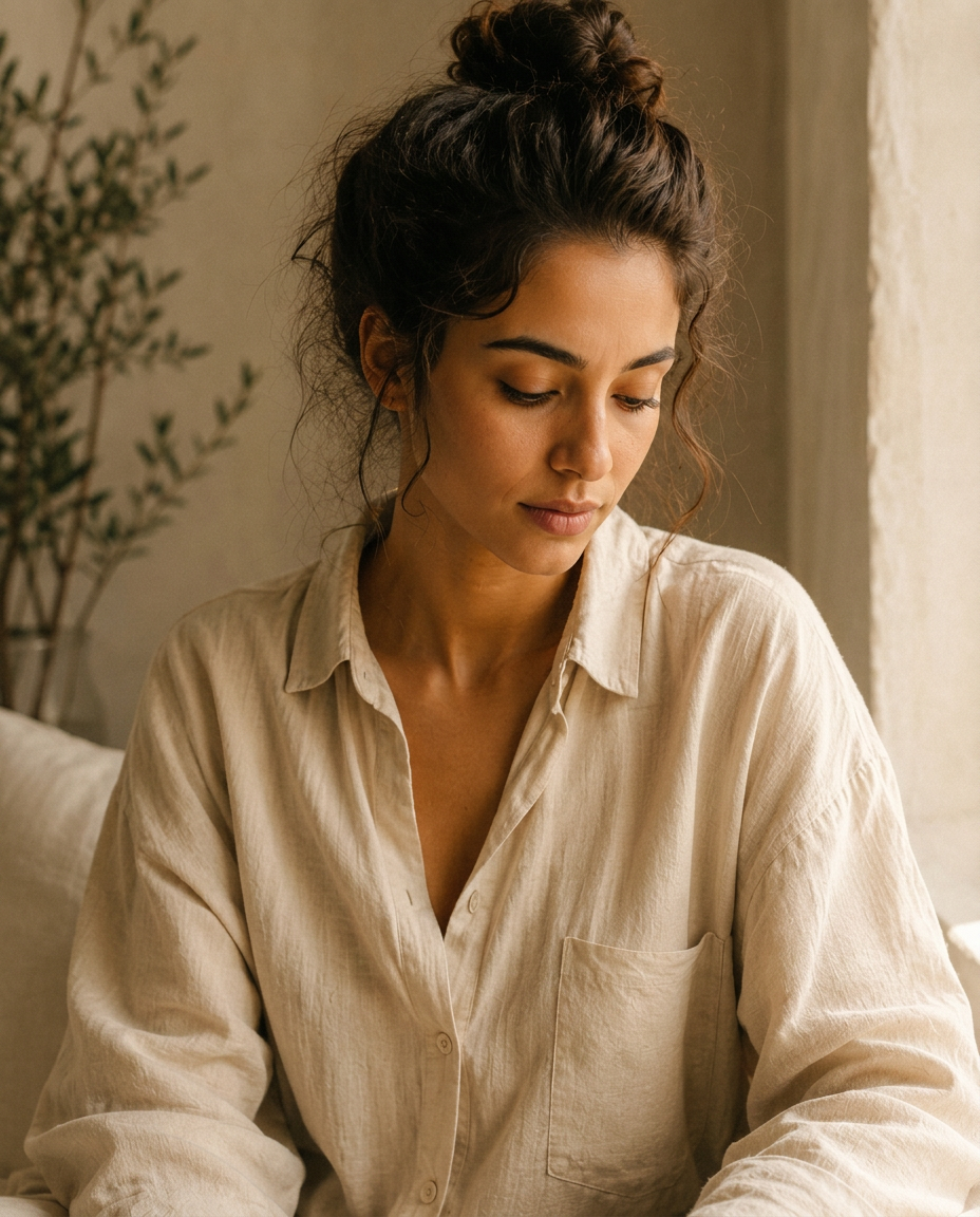 A young woman in quiet reflection by a window