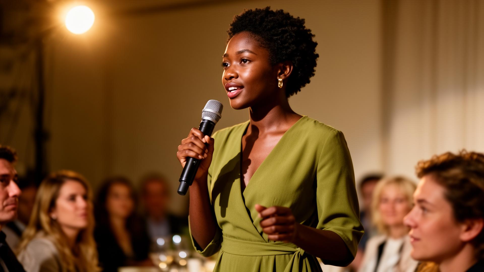 A young African woman speaking confidently at an intimate event